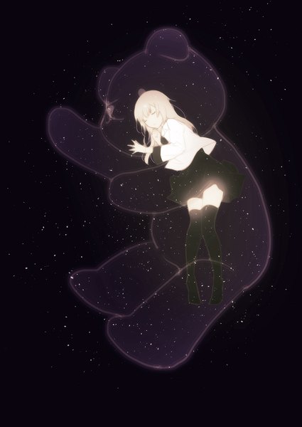Anime picture 800x1129 with original lpip single long hair tall image fringe blonde hair payot full body eyes closed long sleeves night wide sleeves zettai ryouiki night sky sleeping space knees touching girl thighhighs