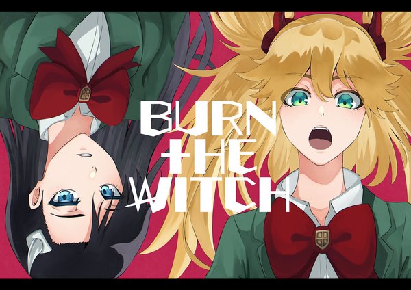 Anime picture 2048x1448 with burn the witch niihashi noel ninny spangcole sumire 1046 long hair looking at viewer highres open mouth blue eyes black hair simple background blonde hair multiple girls green eyes upper body two side up copyright name letterboxed red background girl