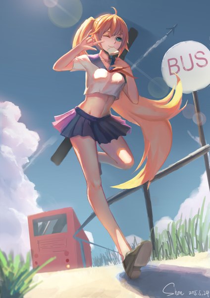 Anime picture 2480x3508 with original shon single tall image highres blue eyes blonde hair holding sky cloud (clouds) pleated skirt one eye closed wink mouth hold side ponytail girl skirt uniform miniskirt serafuku