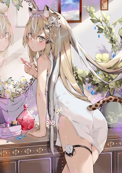 Anime picture 1244x1760 with original dema hmw single long hair tall image looking at viewer blush fringe light erotic blonde hair hair between eyes standing holding animal ears payot ass indoors tail traditional clothes animal tail