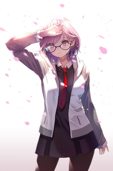 Anime picture 1522x2307 with fate (series) fate/grand order mash kyrielight miyaza single tall image looking at viewer short hair simple background smile white background pink hair pink eyes open jacket gradient background sleeves past wrists hand on head backlighting girl dress
