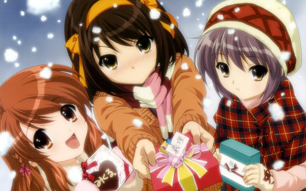 Anime picture 1920x1200 with suzumiya haruhi no yuutsu kyoto animation suzumiya haruhi nagato yuki asahina mikuru long hair highres short hair open mouth black hair brown hair wide image multiple girls brown eyes snowing winter snow girl hairband scarf