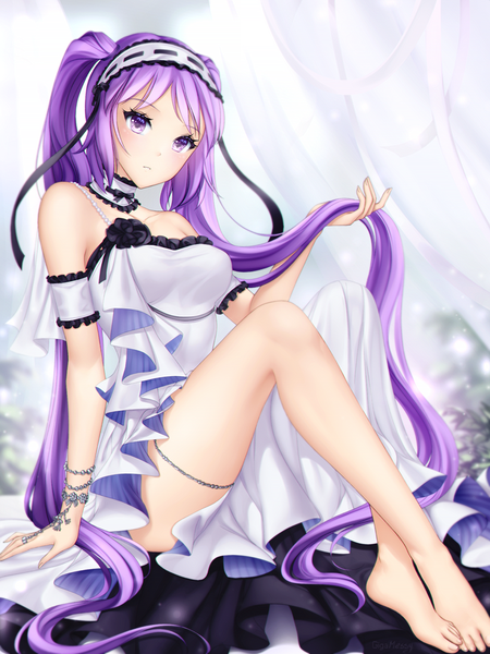 Anime picture 750x1000 with fate (series) fate/grand order fate/hollow ataraxia euryale (fate) gigamessy single tall image looking at viewer blush fringe breasts light erotic sitting twintails purple eyes bare shoulders holding payot purple hair full body