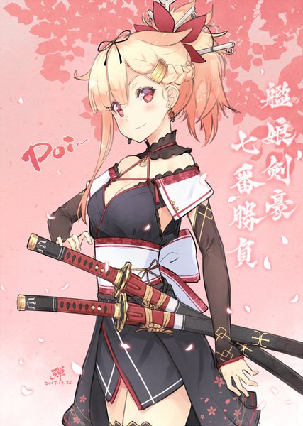 Anime picture 768x1080 with fate (series) kantai collection fate/grand order yuudachi destroyer miyamoto musashi (fate) dan (kumadan) single long hair tall image looking at viewer blush fringe breasts blonde hair smile red eyes signed cleavage blunt bangs braid (braids)