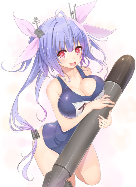 Anime picture 800x1100 with kantai collection i-19 submarine kagerou (shadowmage) single long hair tall image looking at viewer blush breasts open mouth light erotic simple background large breasts white background twintails blue hair pink eyes symbol-shaped pupils girl hair ornament