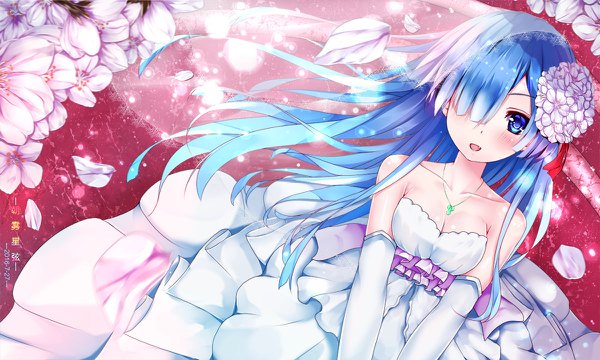 Anime picture 1200x720 with re:zero kara hajimeru isekai seikatsu white fox rem (re:zero) chao wu xing xian single long hair looking at viewer blush fringe breasts open mouth blue eyes wide image standing bare shoulders signed blue hair cleavage upper body hair flower