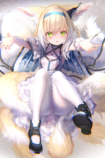 Anime picture 2800x4200 with arknights suzuran (arknights) pottsness single tall image looking at viewer blush fringe highres short hair open mouth light erotic blonde hair hair between eyes green eyes signed animal ears full body bent knee (knees) tail