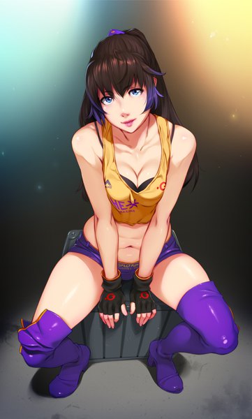 Anime-Bild 2336x3881 mit original feguimel single long hair tall image looking at viewer fringe highres breasts blue eyes light erotic smile hair between eyes brown hair sitting bare shoulders cleavage purple hair full body ponytail