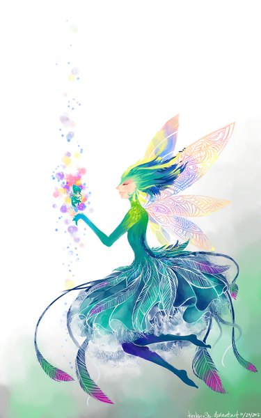 Anime picture 1000x1600 with rise of the guardians dreamworks toothiana baby tooth korkoroshi (artist) tall image simple background white background signed eyes closed profile green hair aqua hair no shoes flying fairy girl dress wings feather (feathers)