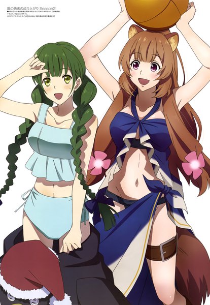 Anime picture 4089x5919 with tate no yuusha no nariagari megami magazine kinema citrus raphtalia rishia ivyred aqua inc. long hair tall image looking at viewer blush fringe highres open mouth light erotic simple background smile brown hair standing white background multiple girls