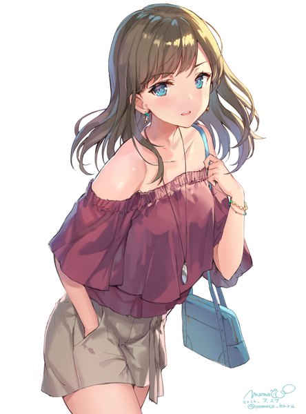 Anime picture 800x1080 with original momoko (momopoco) single long hair tall image fringe open mouth blue eyes simple background brown hair white background bare shoulders signed dated hand in pocket casual girl earrings shorts bracelet