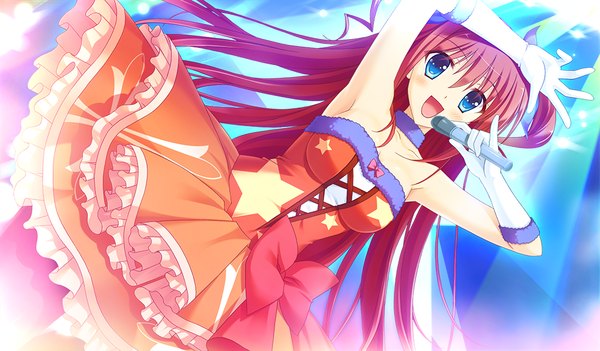 Anime picture 1024x600 with prestar long hair looking at viewer blush open mouth blue eyes wide image twintails game cg red hair short twintails girl dress gloves bow microphone