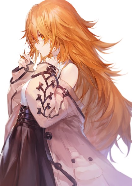 Anime picture 1062x1500 with original luen kulo single long hair tall image looking at viewer fringe simple background hair between eyes standing white background upper body long sleeves profile orange hair off shoulder open clothes arms up orange eyes sleeves past wrists
