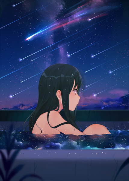 Anime picture 643x900 with original achiki single long hair tall image blush fringe breasts light erotic black hair purple eyes payot looking away cloud (clouds) upper body profile nude night wet night sky