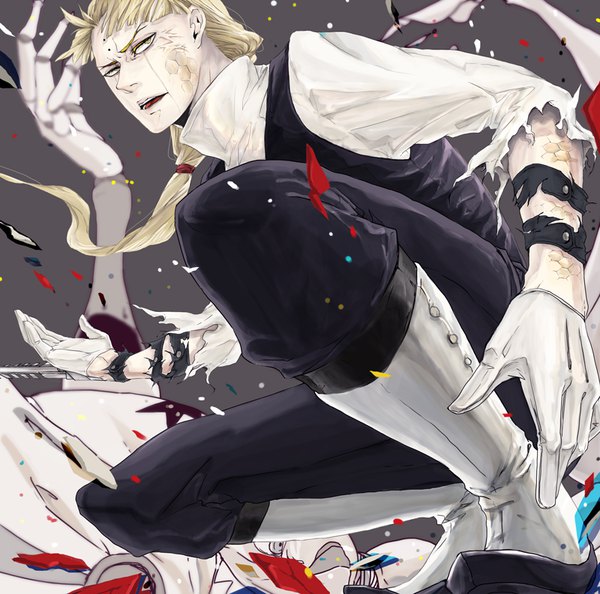 Anime picture 800x792 with d.gray-man howard link ihciuy0211 single long hair open mouth blonde hair looking away grey eyes torn clothes low ponytail squat boy gloves shirt white gloves white shirt knee boots
