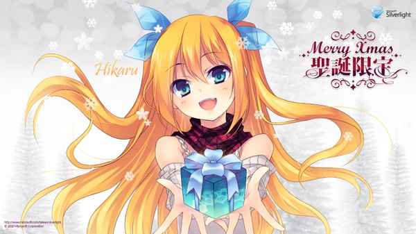 Anime picture 1920x1080 with microsoft aizawa hikaru long hair blush highres open mouth blue eyes blonde hair wide image christmas merry christmas girl gift