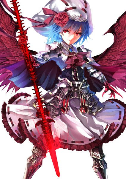 Anime picture 1000x1414 with touhou remilia scarlet karlwolf single tall image short hair simple background red eyes white background blue hair girl dress weapon wings armor tiara spear spear the gungnir