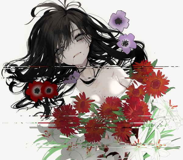 Anime picture 1800x1577 with original narue single long hair fringe highres black hair simple background hair between eyes white background bare shoulders cleavage upper body lying nude mole on back grey eyes mole under eye mole under mouth