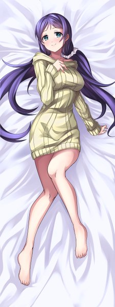 Anime picture 563x1500 with love live! school idol project sunrise (studio) love live! toujou nozomi saiste single long hair tall image looking at viewer fringe breasts smile large breasts twintails purple hair full body bent knee (knees) lying barefoot aqua eyes