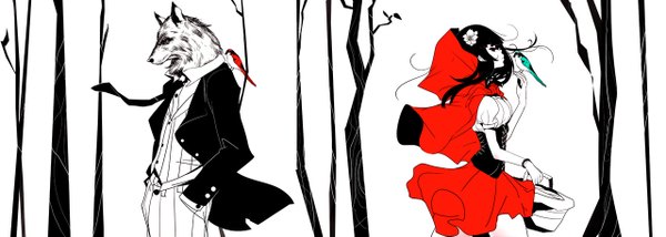 Anime picture 1280x457 with little red riding hood little red riding hood (character) big bad wolf yin sakamoto (artist) long hair black hair simple background wide image white background profile hair flower couple monochrome striped lacing hands in pockets back to back girl boy hair ornament