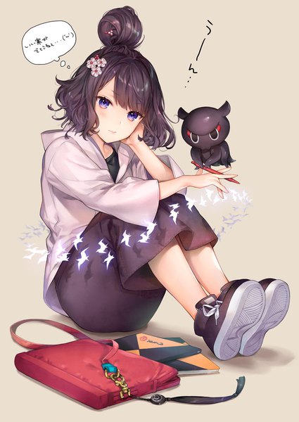 Anime picture 835x1179 with fate (series) fate/grand order katsushika hokusai (fate/grand order) tokitarou (fate/grand order) kaguyuzu single tall image looking at viewer blush fringe short hair black hair sitting purple eyes holding full body bent knee (knees) hair flower hair bun (hair buns) text