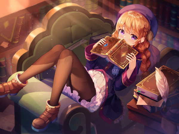 Anime picture 1500x1125 with princess connect! re:dive princess connect! yuni (princess connect!) seero single long hair blush fringe blonde hair purple eyes holding looking away full body bent knee (knees) indoors lying braid (braids) sunlight on back covered mouth