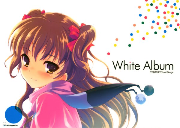 Anime picture 1920x1362 with white album ogata rina qp:flapper ohara tometa single long hair looking at viewer blush fringe highres simple background brown hair white background brown eyes signed upper body light smile scan two side up copyright name