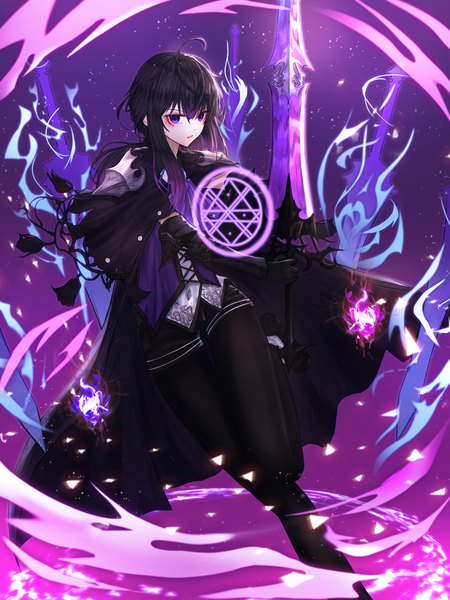 Anime picture 3000x4000 with original domi (hyaku8795) single long hair tall image looking at viewer fringe highres black hair hair between eyes standing purple eyes holding payot ahoge gradient background thigh gap magic standing on one leg gradient hair