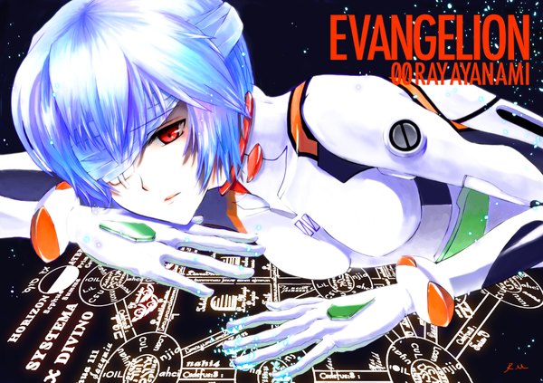 Anime picture 1165x823 with neon genesis evangelion gainax ayanami rei mikan (pixiv1111861) single short hair red eyes blue hair inscription looking down bandage over one eye girl bodysuit pilot suit