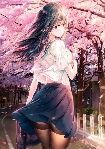 Anime picture 1127x1600 with original eien no juu nana-sa single long hair tall image looking at viewer blush fringe black hair smile standing purple eyes holding blunt bangs pleated skirt looking back horn (horns) wind from behind short sleeves