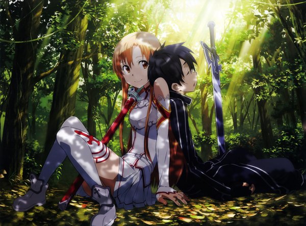 Anime picture 6561x4850 with sword art online a-1 pictures yuuki asuna kirigaya kazuto long hair highres short hair open mouth black hair brown hair bare shoulders brown eyes absurdres eyes closed couple back to back girl thighhighs boy weapon