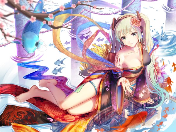 Anime picture 3200x2400 with vocaloid hatsune miku red flowers single long hair looking at viewer fringe highres breasts light erotic smile twintails bare shoulders green eyes absurdres sky cloud (clouds) bent knee (knees) traditional clothes head tilt