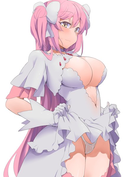 Anime picture 1457x2064 with mahou shoujo madoka magica shaft (studio) kaname madoka goddess madoka minakami (flyingman555) single long hair tall image looking at viewer blush breasts light erotic simple background smile large breasts white background twintails yellow eyes pink hair cleavage