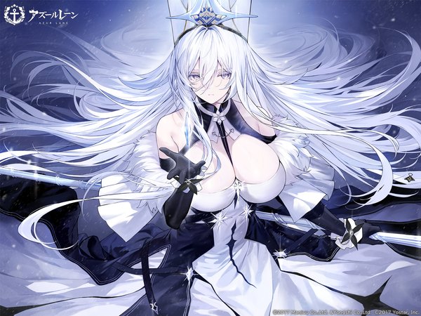 Anime picture 2000x1500 with azur lane sovetsky soyuz (azur lane) an yasuri single long hair looking at viewer fringe highres breasts light erotic hair between eyes large breasts purple eyes bare shoulders holding white hair from above off shoulder official art copyright name