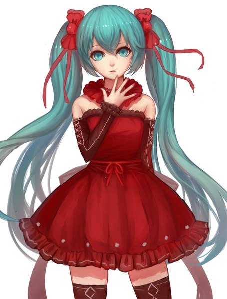 Anime picture 1200x1580 with vocaloid hatsune miku nio (jacky19921205) single tall image looking at viewer white background twintails bare shoulders very long hair aqua eyes aqua hair girl dress bow hair bow detached sleeves