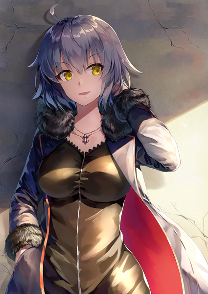 Anime picture 1000x1412 with fate (series) fate/grand order jeanne d'arc (fate) (all) jeanne d'arc alter (fate) nonono (nononotea) single tall image fringe short hair breasts open mouth smile hair between eyes standing yellow eyes looking away silver hair ahoge upper body long sleeves