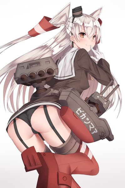 Anime picture 1200x1805 with kantai collection amatsukaze destroyer rensouhou-kun snm (sunimi) single long hair tall image blush light erotic white background brown eyes ass white hair two side up o o girl thighhighs underwear panties weapon