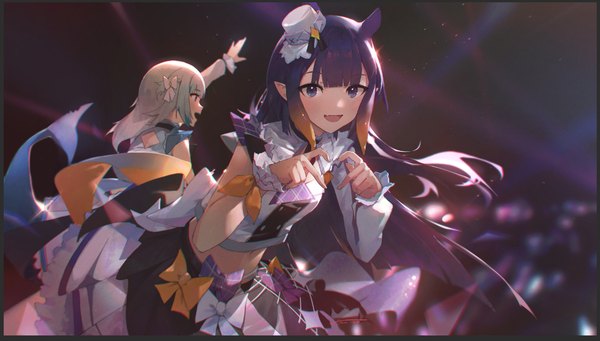 Anime-Bild 1295x737 mit virtual youtuber hololive hololive english gawr gura ninomae ina'nis jushoro long hair looking at viewer wide image purple eyes multiple girls silver hair purple hair profile heart hands tentacle hair concert hololive idol uniform (bright) girl bow