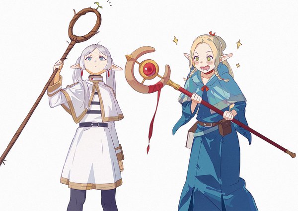 Anime picture 1772x1253 with sousou no frieren dungeon meshi studio trigger frieren marcille donato tss-mire long hair blush highres open mouth simple background blonde hair standing white background twintails multiple girls holding green eyes silver hair braid (braids)