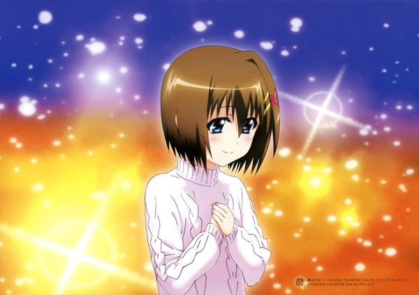 Anime picture 4095x2890 with mahou shoujo lyrical nanoha yagami hayate single highres short hair blue eyes brown hair absurdres scan official art girl sweater x hair ornament