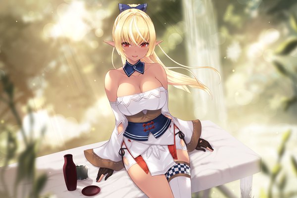 Anime-Bild 1920x1280 mit virtual youtuber hololive shiranui flare shiranui flare (old design) cait single long hair looking at viewer blush fringe highres breasts open mouth light erotic blonde hair smile hair between eyes red eyes large breasts sitting