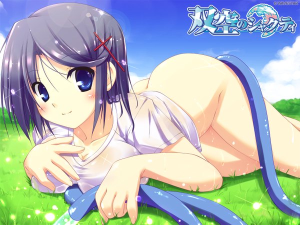 Anime picture 1365x1024 with galge.com t-ray blush highres short hair breasts blue eyes light erotic smile cleavage purple hair lying wet wallpaper wet clothes bottomless girl hose soukuu no shakti mizutani kanna