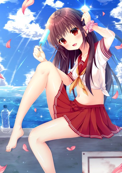 Anime picture 868x1228 with original fujikura ryuune single long hair tall image looking at viewer blush fringe breasts open mouth smile red eyes brown hair sitting holding payot sky cloud (clouds) full body bent knee (knees)