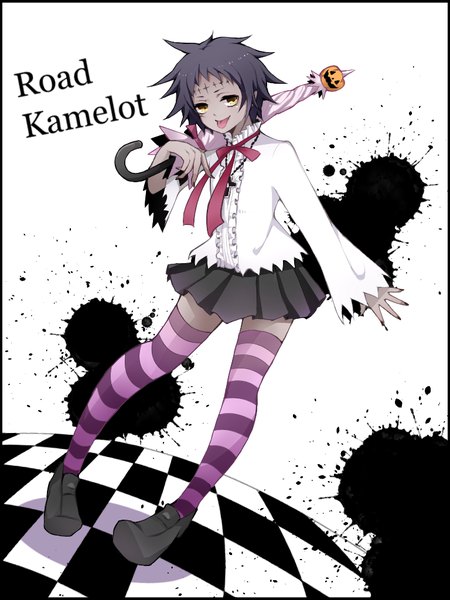 Anime picture 768x1024 with d.gray-man road kamelot nana colors single tall image looking at viewer short hair black hair white background yellow eyes full body pleated skirt zettai ryouiki character names checkered floor floor closed umbrella girl thighhighs skirt
