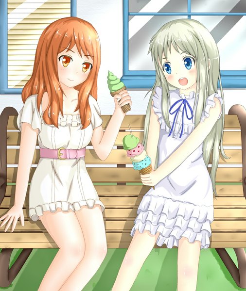 Anime picture 822x975 with ano hi mita hana no namae wo bokutachi wa mada shiranai a-1 pictures honma meiko anjou naruko tear yu long hair tall image blush fringe open mouth blue eyes smile multiple girls silver hair orange hair orange eyes girl dress 2 girls food