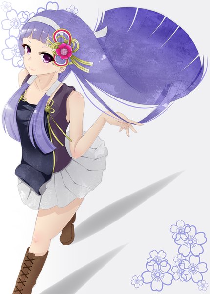 イラスト 747x1043 と かんなぎ ナギ(かんなぎ) sanzensai michiru (artist) ソロ 長髪 長身像 simple background 白背景 紫目 青い髪 女の子 ドレス 髪飾り ブーツ ヘアバンド
