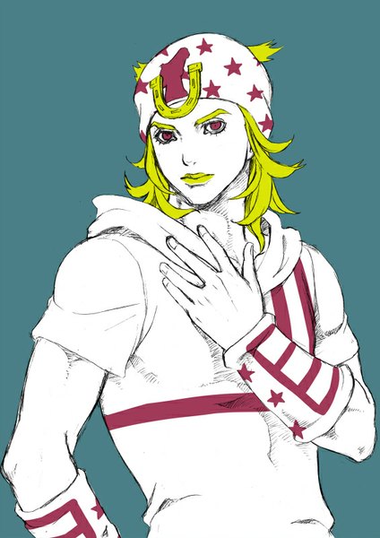 Anime picture 566x800 with jojo no kimyou na bouken steel ball run johnny joestar chounorin single tall image looking at viewer short hair simple background blonde hair pink eyes lipstick eyebrows star print aqua background partially colored yellow lipstick boy star (symbol) hood