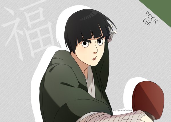 Anime picture 1538x1100 with naruto studio pierrot naruto (series) rock lee ahri (will) single looking at viewer fringe short hair open mouth black hair simple background holding signed upper body blunt bangs traditional clothes japanese clothes black eyes grey background