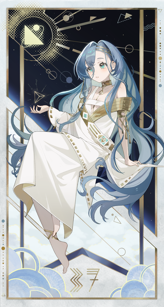 Anime picture 2063x3840 with reverse:1999 37 (reverse:1999) pili 0 single tall image fringe highres blue eyes hair between eyes sitting blue hair looking away very long hair barefoot arm support character names girl dress white dress