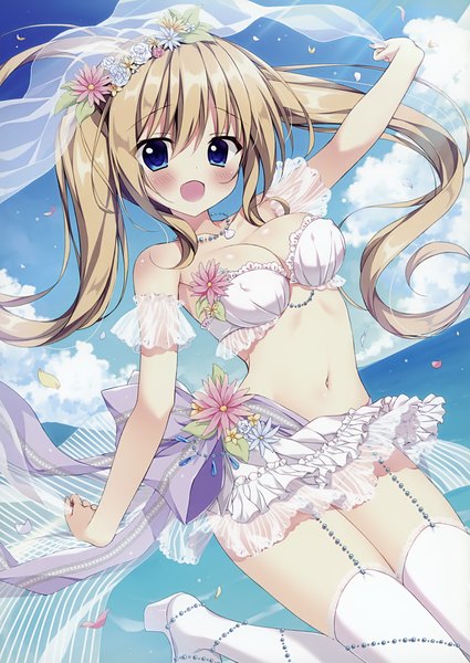 Anime picture 2480x3500 with original melonbooks tanoma suzume single long hair tall image looking at viewer blush fringe highres breasts open mouth blue eyes light erotic blonde hair smile hair between eyes twintails bare shoulders sky
